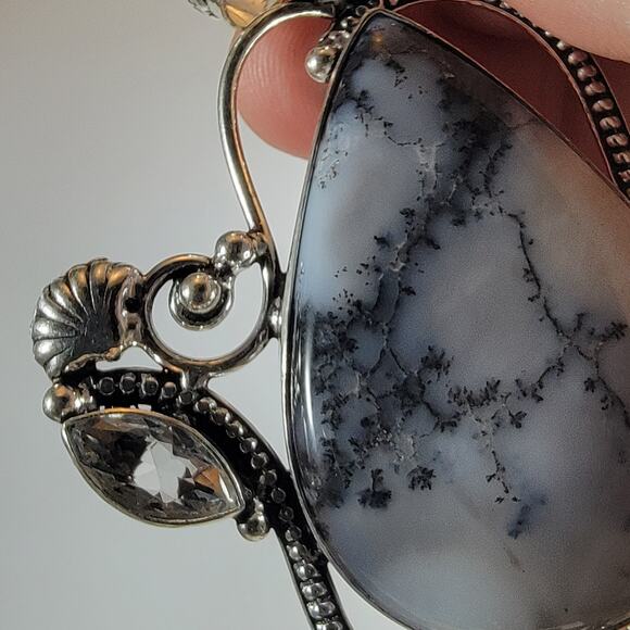 Sterling Silver Pendant with Dendritic Opal & Clear Quartz – Artisan Gem Jewelry - Picture 7 of 10